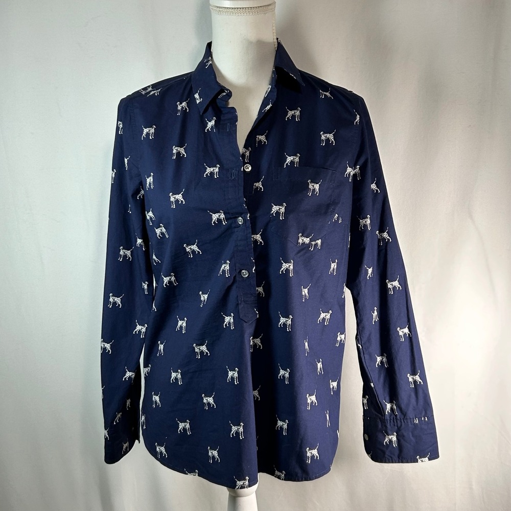 J.Crew Navy Blue Dalmatian Dog Print Cotton Button Down Shirt Womens Size 0